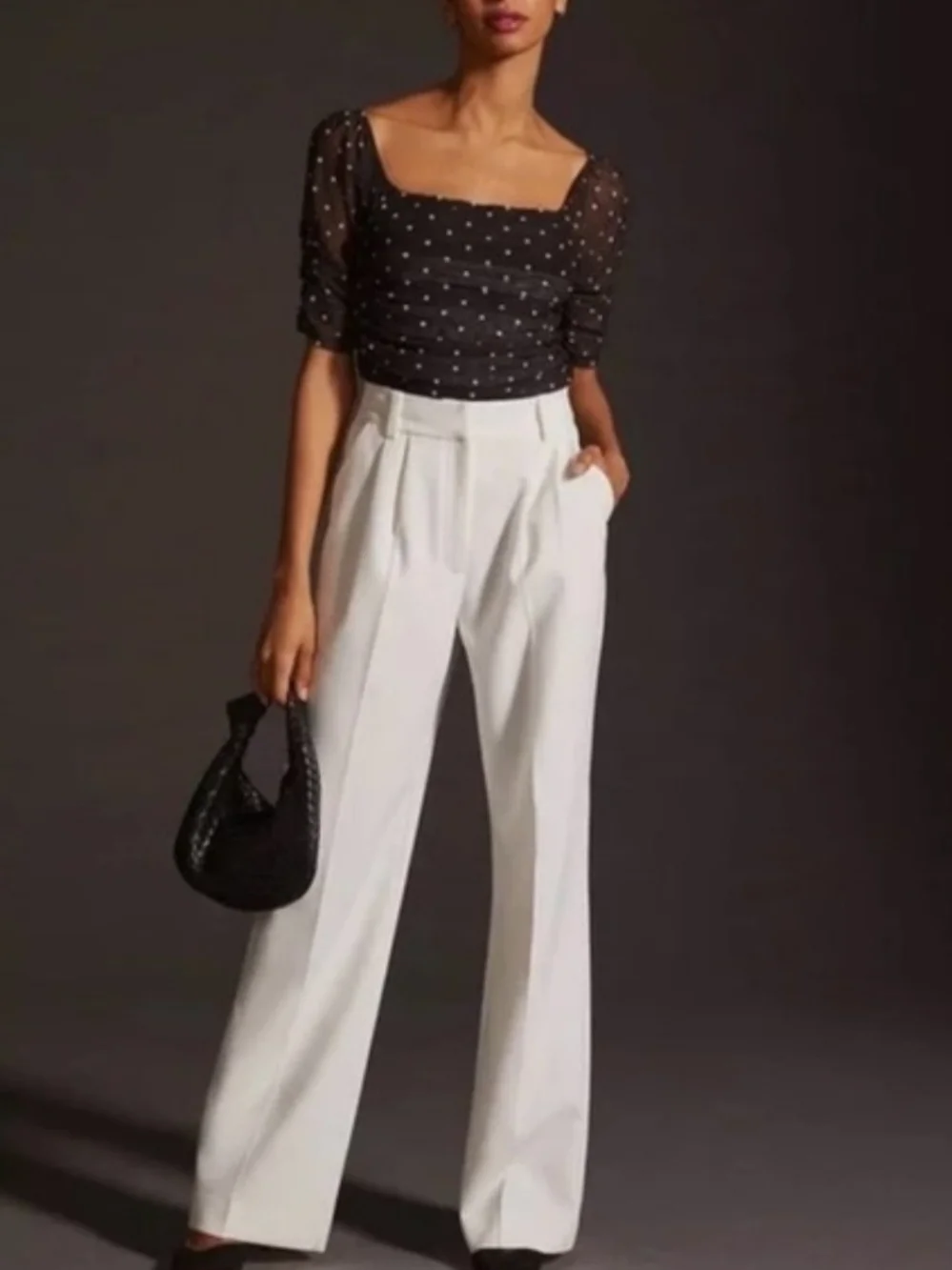 Anthropologie Black Polka Dot Ruched Puff Sleeve Top XXS Square-Neck Mesh Blouse